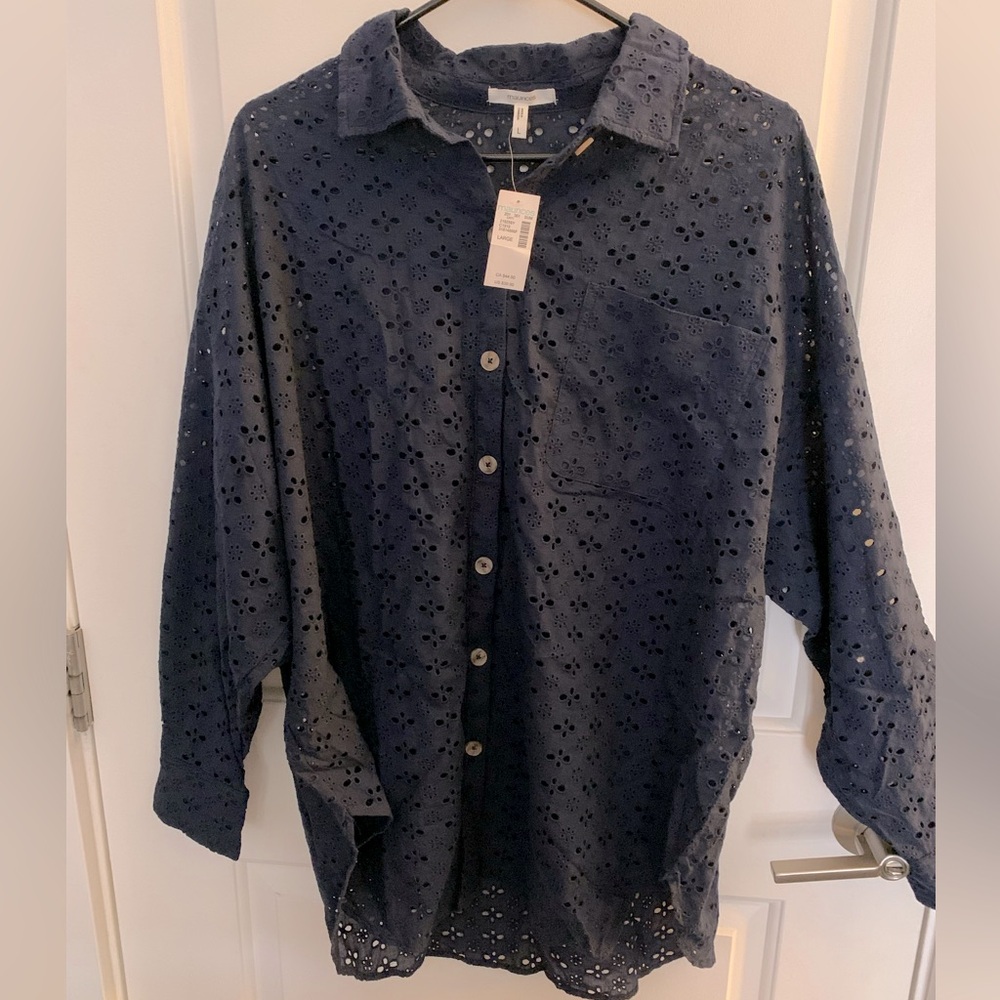 Navy Eyelet Button-Up Shirt